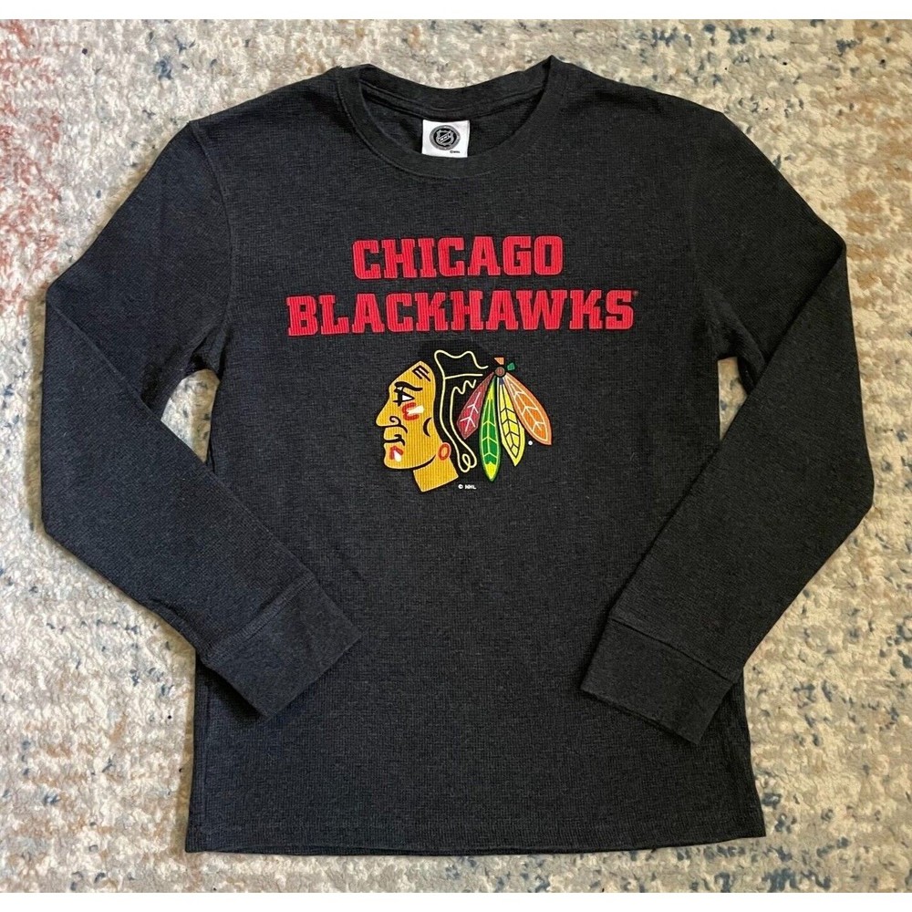 NHL Chicago Blackhawks Charcoal Gray Thermal Longsleeve Shirt TEENS M (Womens S)